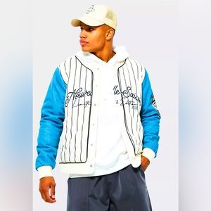 SOLD BoohooMAN Limited Edition Collarless Denim Sleeve Varsity Bomber Jacket